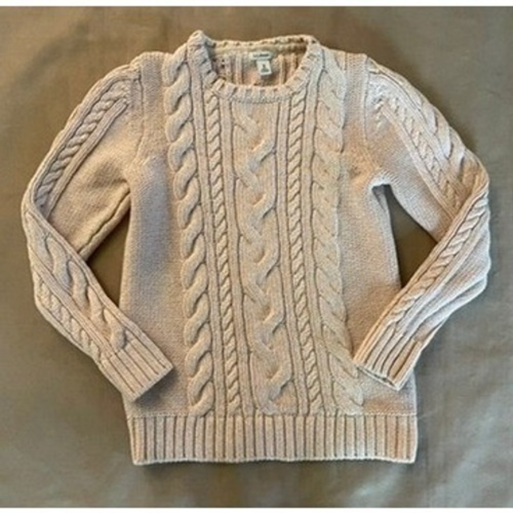 LL Bean Cable Knit Pullover Cotton Sweater Sz M Cream Chunky Knit